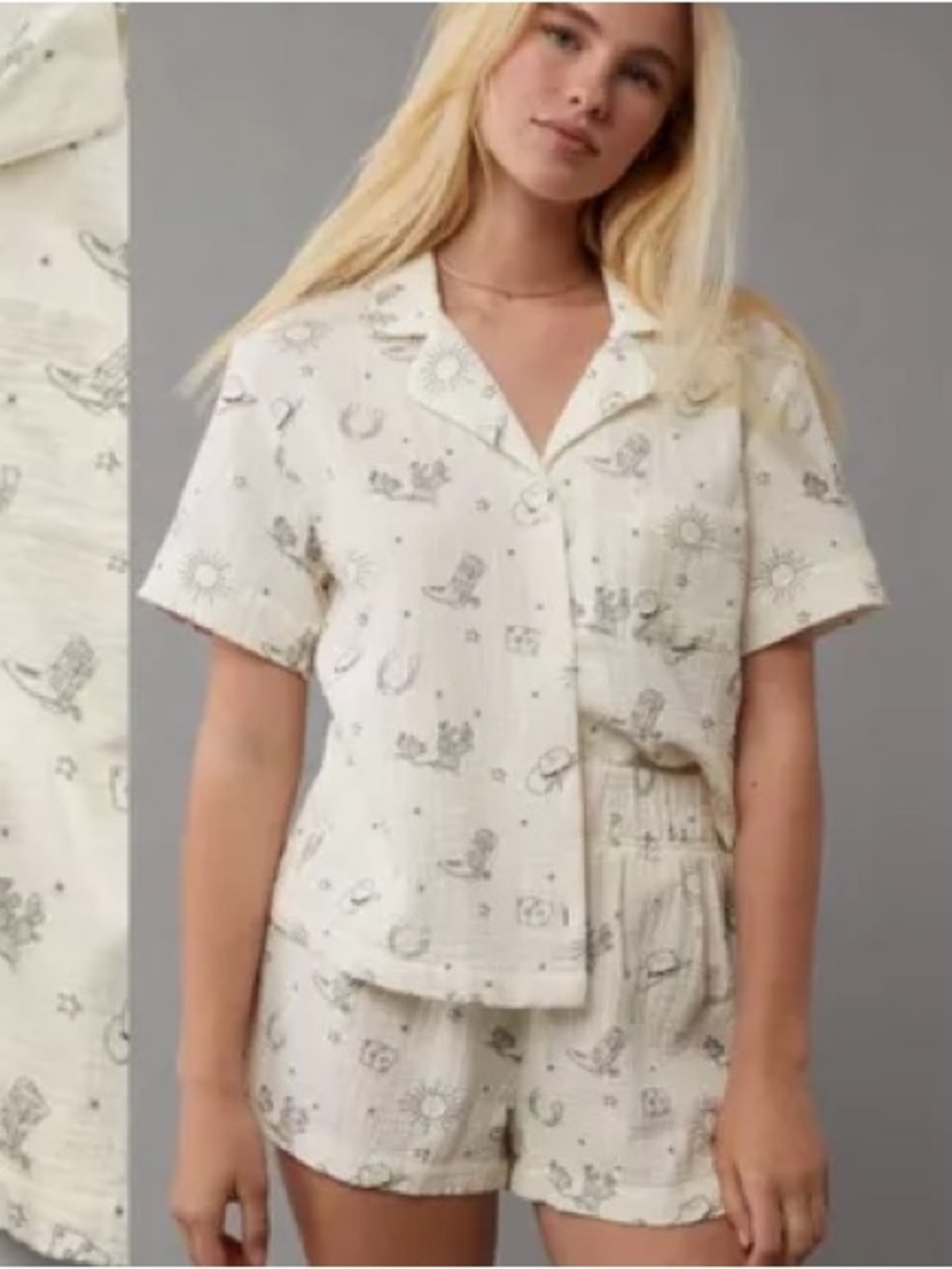 American Eagle Outfitters Cream Short-Sleeve Pajama Set with Gray Prints
